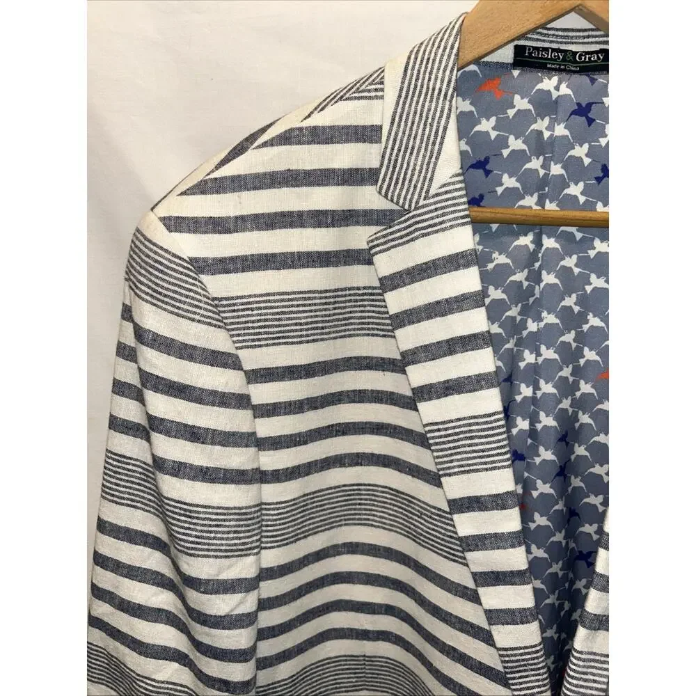 Paisley & Gray Mens 46R Blazer Sport Coat Striped Linen Slim Fit W Pocket Square